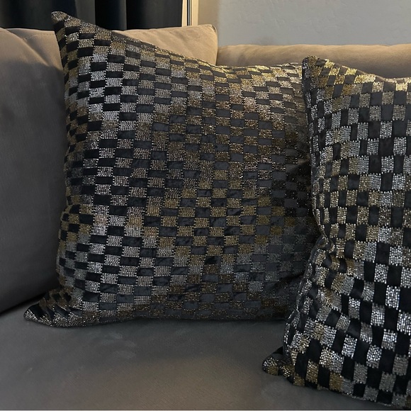 Copy Callisto Beaded Velvet Gray Gold Ombre Geometric Check Diamond pillow 22x22 - Picture 5 of 11